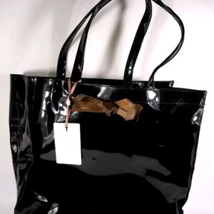 Ted Baker London Glossy Black Tote with Gold Bow